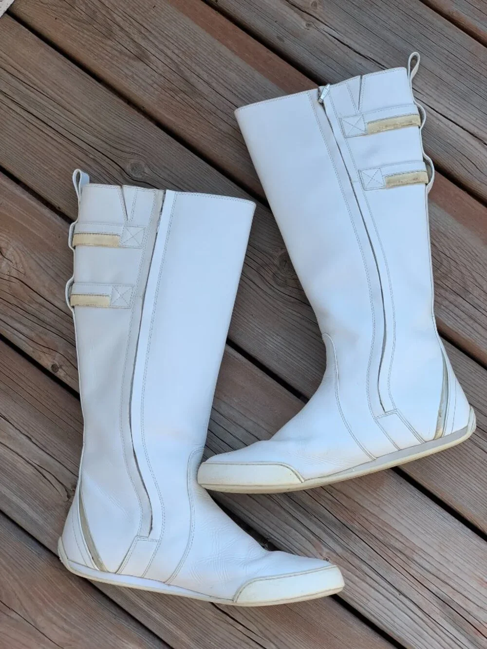 Vintage Lacoste White Leather Boots Womens 9 Side Zip Tall Gogo Retro Knee High